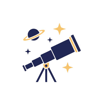 Simple telescope pointing towards a ringed planet and three stars, cosmic exploration theme, navy blue and soft gold colors. minimalist flat vector artwork, clipart style, absolute solid block