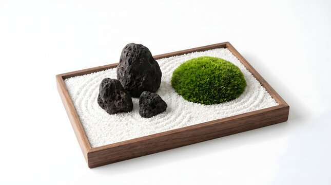 miniature Japanese zen rock garden in dark wooden tray on pure white background featuring raked white gravel ripples three volcanic stones and lush green moss mound symbolizing tranquility