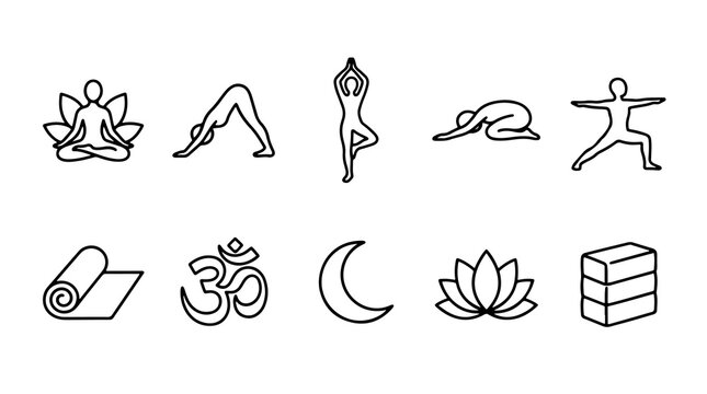 Yoga line icons collection, 10 minimalist black outline symbols for wellness, meditation poses and yoga equipment graphics for health apps