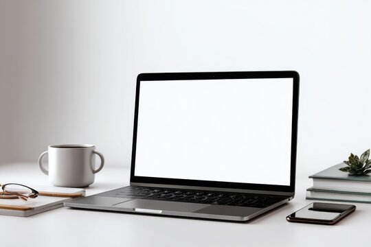 Minimalist workspace with laptop coffee and books on white desk
