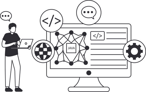 Java developer software programming concept. Web development with computer screen and network diagram. Technology icons for data science and system engineering. User interface coding language.