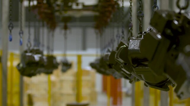 Metal parts hanging on chains in an industrial factory conveyor line