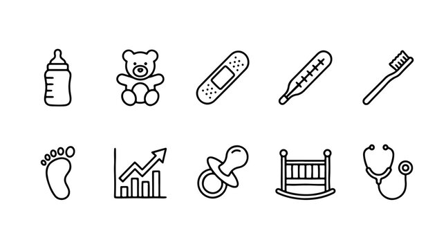 Minimalist baby care line icons, set of 10 nursery and pediatric health symbols, black outline newborn essentials for parenting apps and web design.