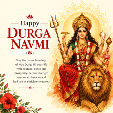 Happy Durga Navmi, Goddess Durga seated on lion with hibiscus flowers