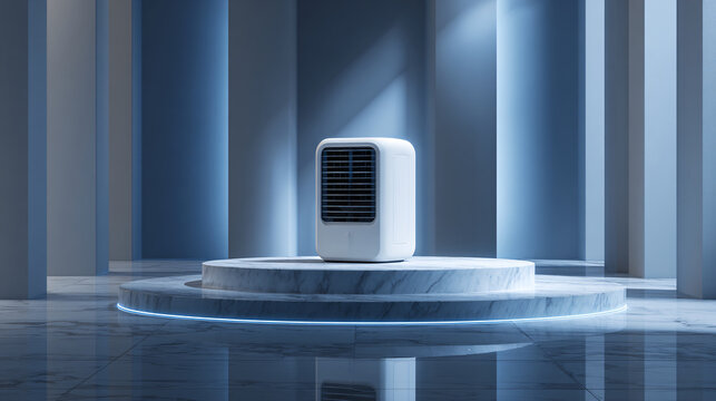 Air cooler standing on a polished marble platform within a modern architectural hall showcases a sleek product design intended for climate control in contemporary residential interior spaces.