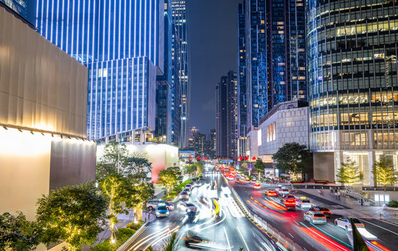 Night view of traffic and buildings in Shenzhen Bay Subdistrict, China.