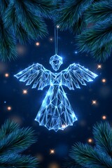 Fototapeta premium Glowing low poly crystal angel christmas ornament hanging
