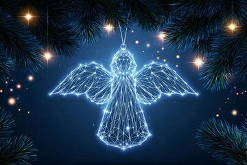 Fototapeta premium Glowing polygonal angel hanging on christmas tree branches