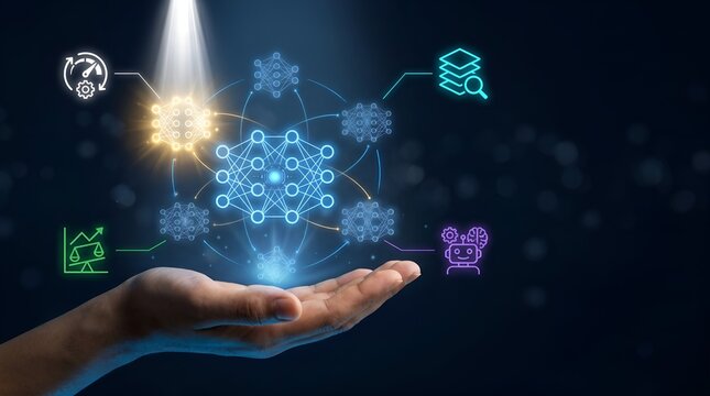 New Unique Futuristic artificial intelligence network glowing on human hand, digital machine learning neural technology concept, cyber data connection overlay