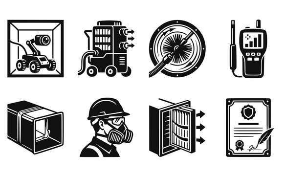 Commercial HVAC duct cleaning facilities management icon vector set