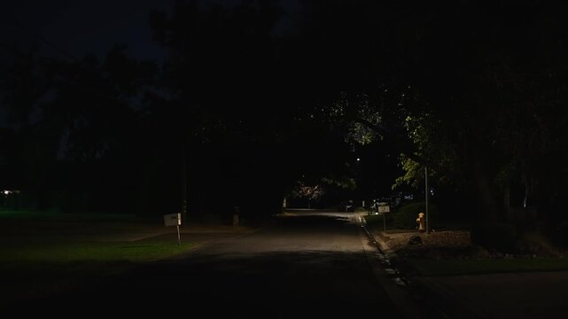 Dark empty residential street runs beneath dense trees at night, with sparse streetlights, mailboxes and a fire hydrant along the quiet road