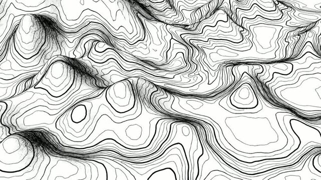 Topographic line landscape background, animated monochrome contour map terrain, abstract black and white elevation pattern loop