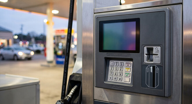 Fuel pump interface with color display, numeric keypad, card reader, and instruction buttons, showing a close horizontal view of automated payment equipment at dusk.