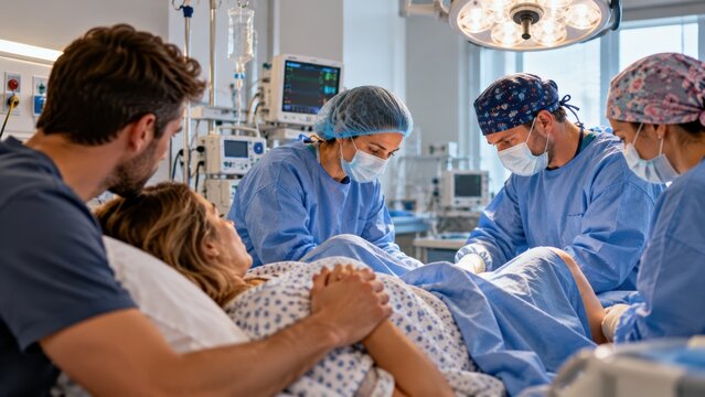 Medical team performing a childbirth delivery procedure with a mother and her partner in a hospital