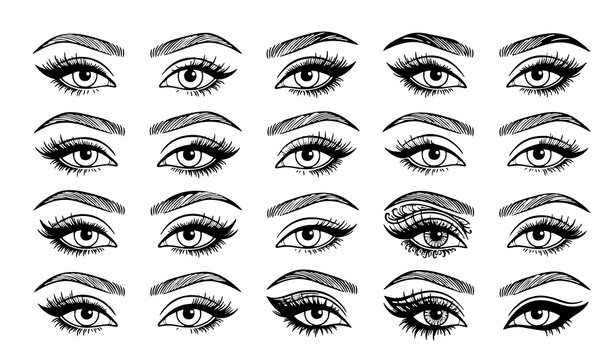 Untitled design - 3 Cute Expressive Female Eyes with Big Lashes and Beautiful Eyebrows Black Outline Vector Set