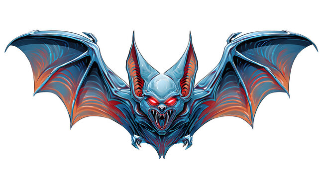 blue orange stylized bat with spread wings and snarling face