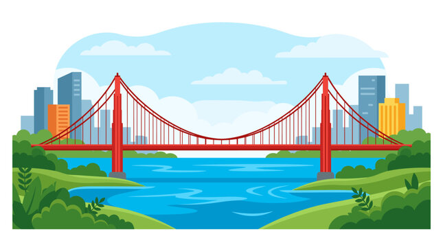 Minimalist flat vector illustration of a red suspension bridge spanning a blue bay with a modern city skyline, rolling green hills, and white clouds in a bright blue sky.
