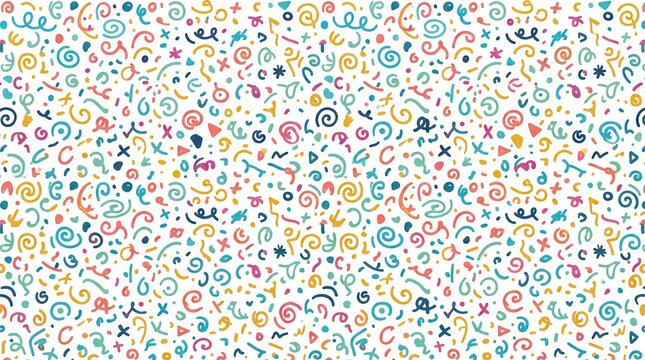 Colorful abstract doodle confetti seamless pattern with squiggles and geometric shapes