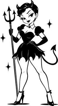 Devil pinup woman holding a trident in a black and white retro cartoon