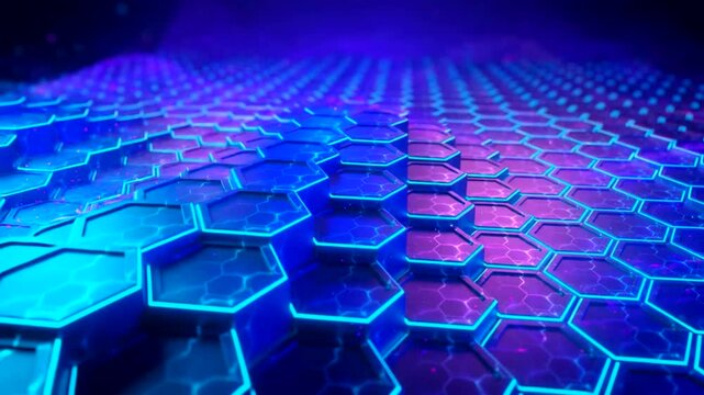 Futuristic hexagon background with glowing blue neon grid, abstract technology wave pattern, modern digital data surface for sci-fi motion graphics