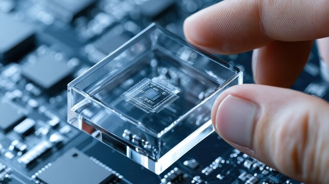 A close-up of a human finger holding a transparent cube containing a microchip, hovering over a circuit board