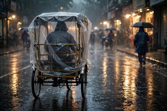 Monsoon rain on city street cycle rickshaw with rain cover wet reflections candid