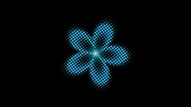 Retro halftone flower animation, blue glowing floral pop art motion graphic, vintage comic style dotted flower element on black background