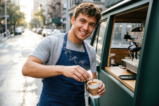 Joven amable sirviendo caf&eacute; reci&eacute;n hecho en un vaso de papel en un peque&ntilde;o carrito de caf&eacute; callejero