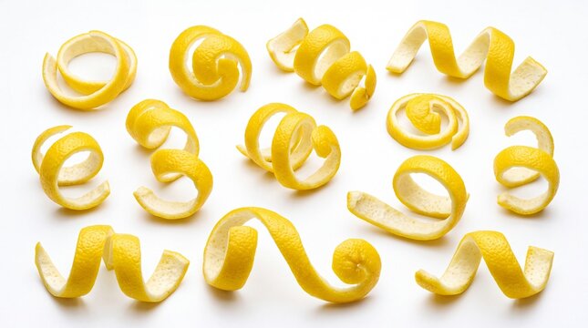 Yellow lemon peel twists and citrus fruit rind spirals displayed neatly on white background