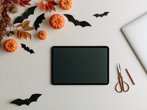 A premium flat lay photograph showcasing sleek black paper bats, elegant miniature pumpkins, autumn foliage, and a pair of scissors on a white desk with a modern tablet.