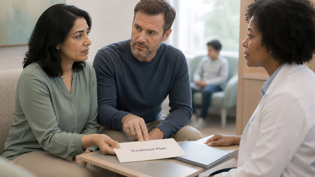 Patient and Companion Review Treatment Plan With Doctor