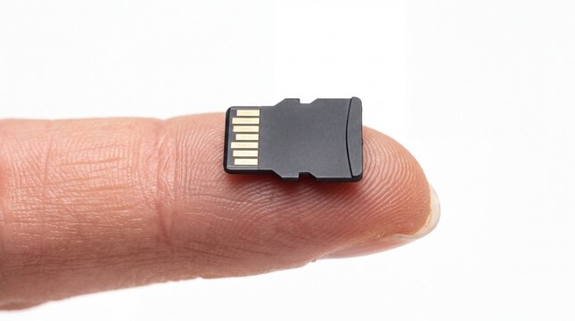 Tiny black micro sd memory card balanced on human finger on white background