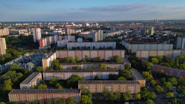 Block housing development architecture, city skyline. Great aerial view drone
