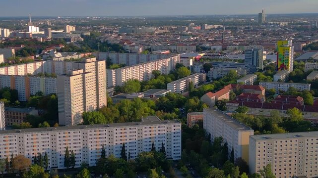 Block housing development architecture, city skyline. Unique aerial view drone