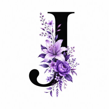 Elegant black capital letter J decorated with graceful purple flowers and botanical greenery on a clean white background, ideal for personalized floral monograms and initial artwork.
