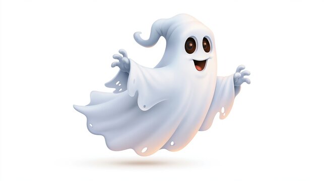 A cartoon ghost with a happy expression, depicted in a Halloween style on a white background. The ghost features a classic sheet like appearance with playful eyes and a friendly demeanor.
