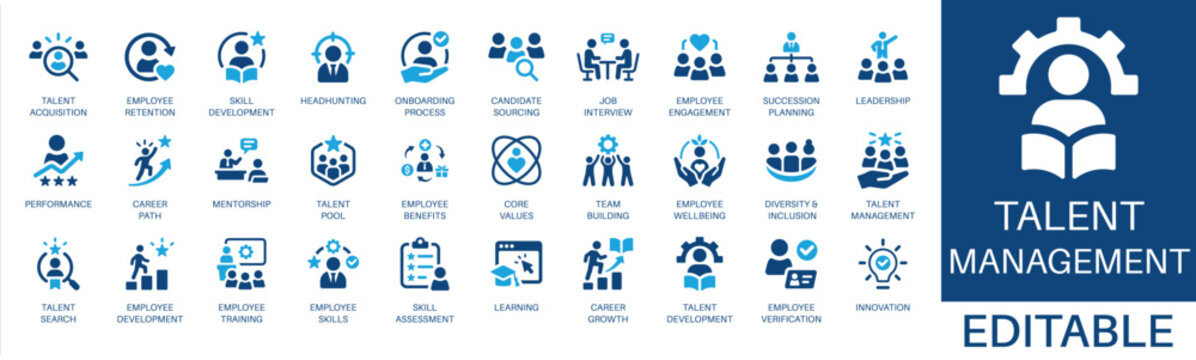 Talent management solid icon set. Featuring recruitment, onboarding, mentorship, interview, retention, career growth, and skills. Vector icons for HR management and employee development.