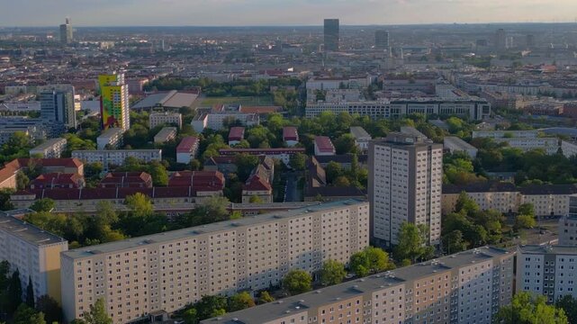 Block housing development architecture, city skyline. Magic aerial view drone
