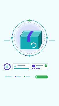 Vertical 9:16 animated returns processing reversing back cycle in cyan and teal on a clean light background. Seamless looping 4K process flow motion graphics for reels, shorts and explainer videos, wi