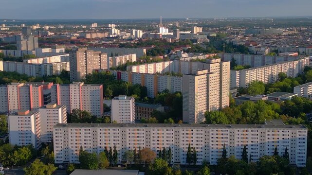 Block housing development architecture, city skyline. Perfect aerial view drone