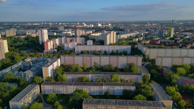Block housing development architecture, city skyline. Amazing aerial view drone