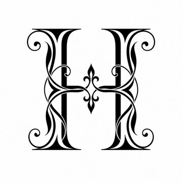 Decorative black capital letter H with symmetrical ornamental details and elegant vintage inspired linework, isolated on a clean white background for initials and monograms.