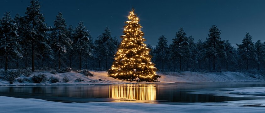 Illuminated Outdoor Christmas Tree Reflected in Frozen Lake at Dusk in Snowy Pine Forest Wilderness