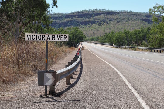 Victoria River bridge sign. Remote NT, top end, Australian Outback, Victoria River, Northern Territory, Australia. Big lap road trip. Travel tourism