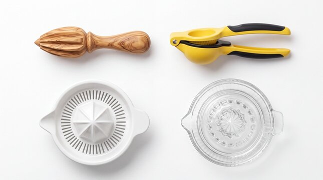 Various citrus juicers made from wood ceramic metal and glass showcased on white background
