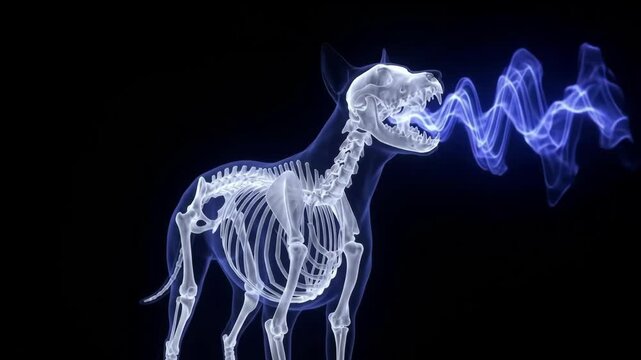 Sinister 4K Skeleton Dog Howling Blue Ghostly Smoke Waves Against a Pitch Black Background for Horror Cinematic Visuals