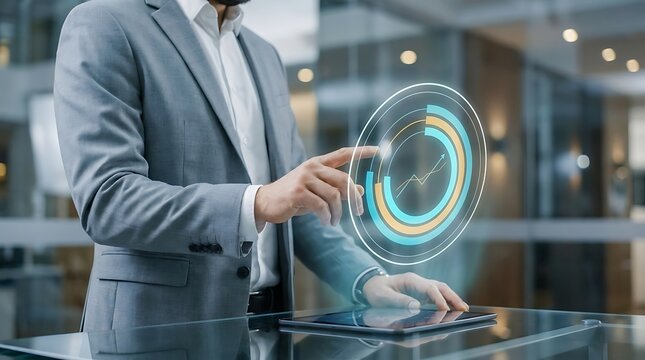 Businessman interacting with a holographic circular data visualization on a tablet
