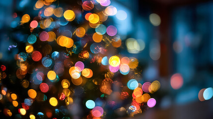 Fototapeta premium Blurred colorful bokeh lights on a Christmas tree, creating a festive and vibrant holiday atmosphere. The image captures the essence of Christmas decoration with its soft focus and warm tones.