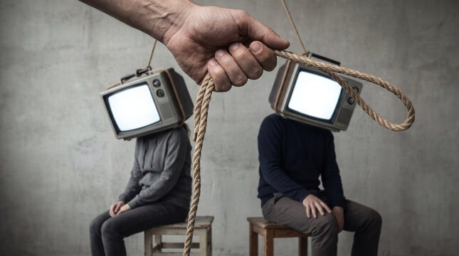 A close-up of a hand holding control strings above a man and a woman who have blank white TV screens instead of heads. A concept representing media control, propaganda, cyberbullying, and information 