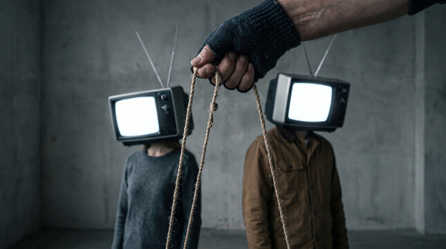 A close-up of a hand holding control strings above a man and a woman who have blank white TV screens instead of heads. A concept representing media control, propaganda, cyberbullying, and information 